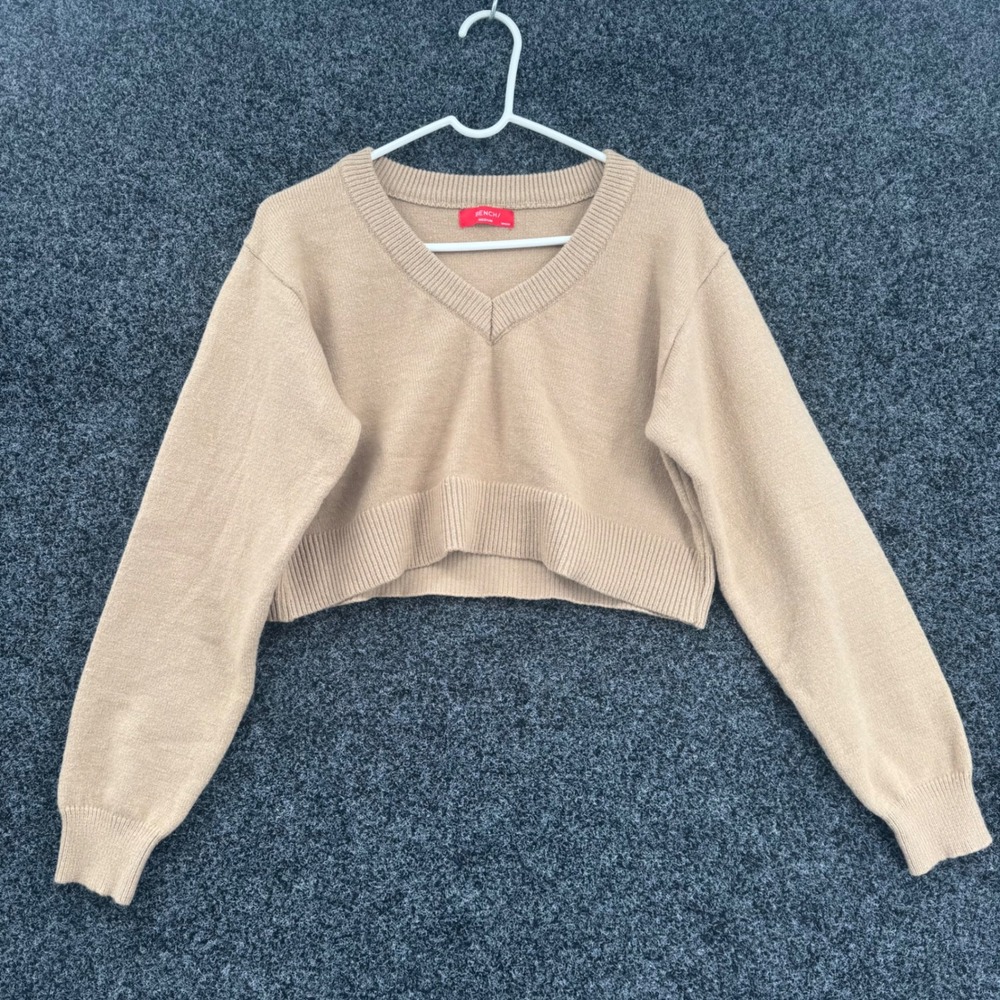 Bench Womens Tan Beige V-Neck Cropped Knit Sweater Long Sleeve Medium RN115300